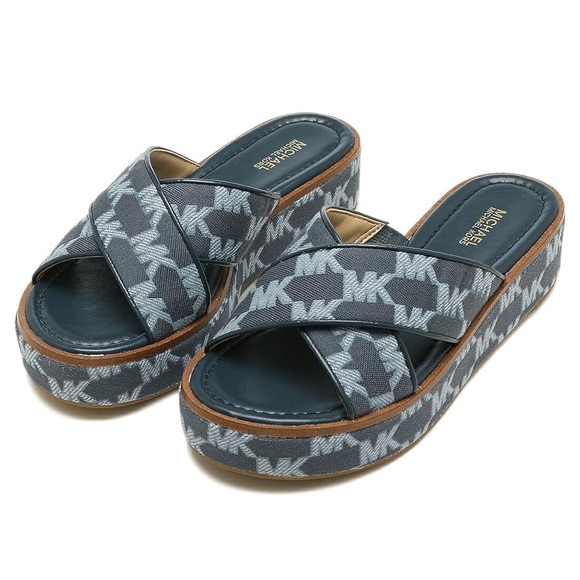 Michael Kors Indira Logo Jacquard Navy Platform Wedge Slide Sandal Size 8.5 - Picture 1 of 5